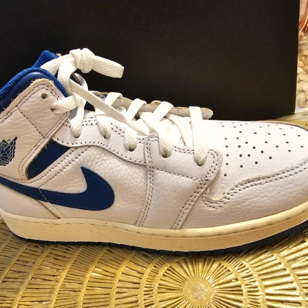 Air Jordan 1 Mid White and Blue High-Top Sneakers